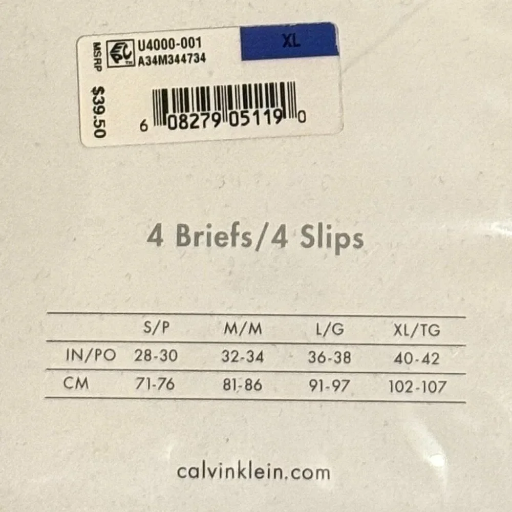 Calvin Klein Mens 4-Pack Black Cotton Briefs U4000 Size XL NWOT